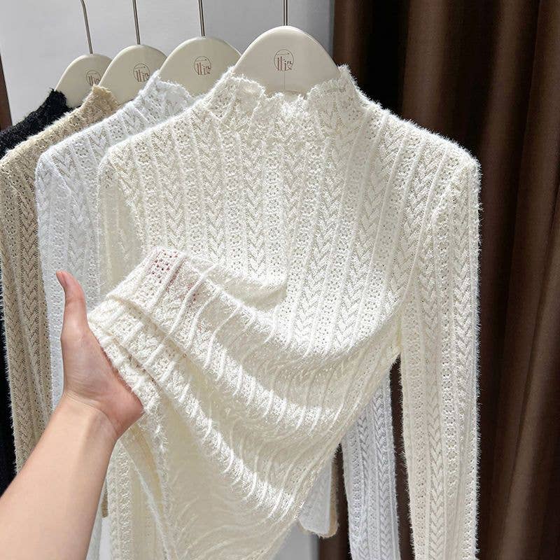 Beige Soft Knit Fluffy Texture Lace High Neck Layering Top