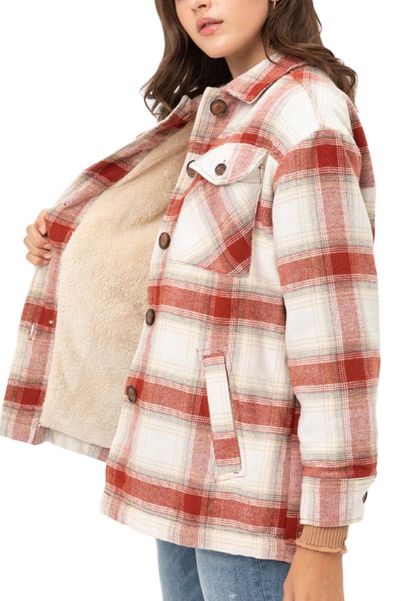 Camel Fleece Lined Plaid Flannel Jacket