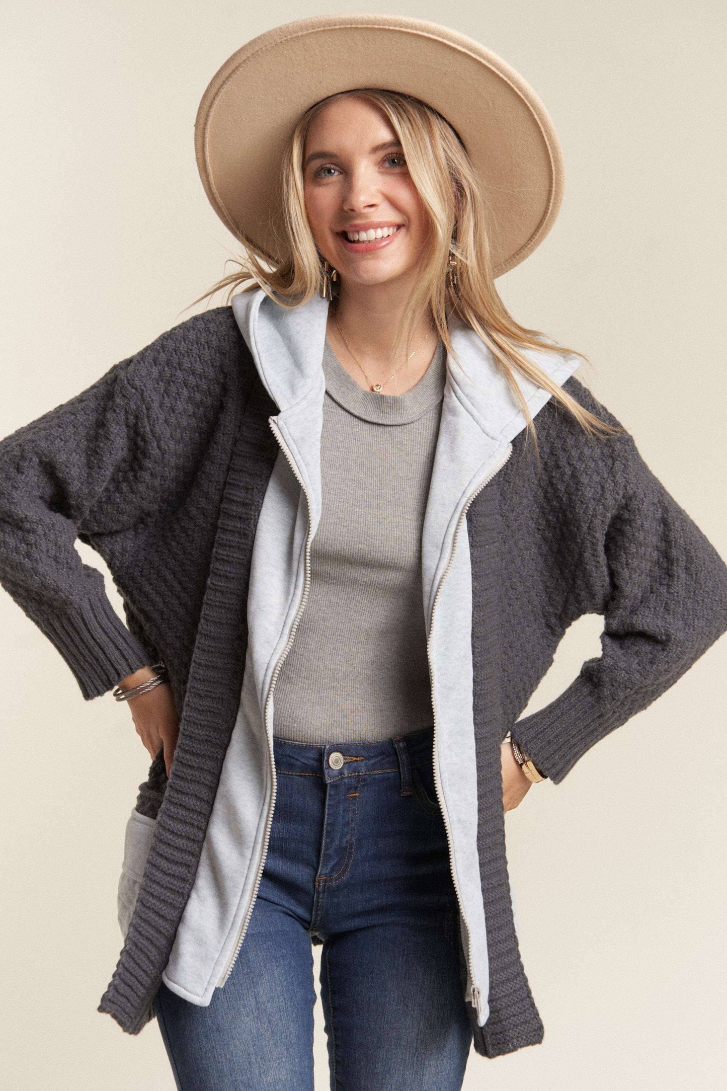 Charcoal Knit Zip Up Hoodie Jacket