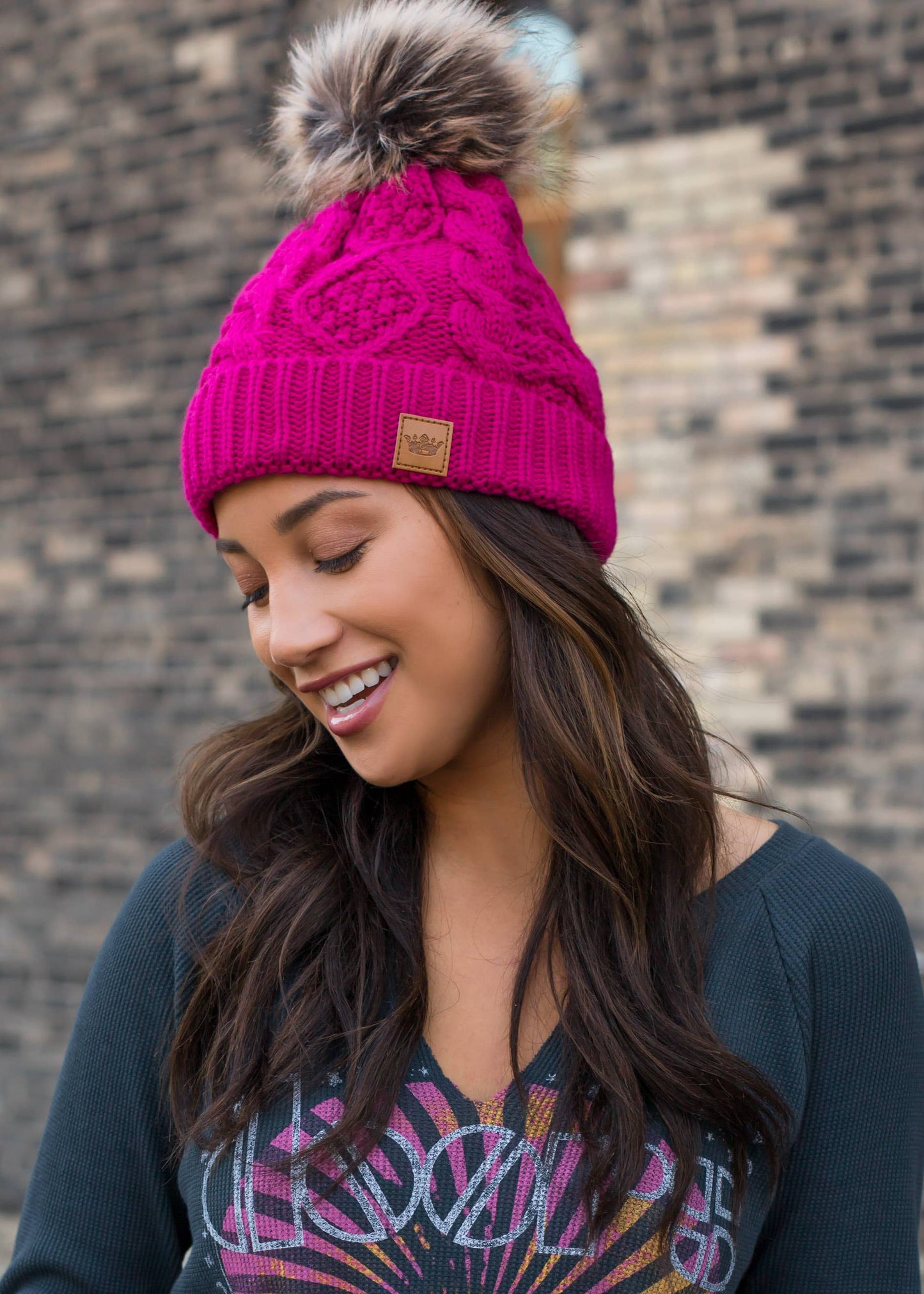 Pink Cable Knit Pom Hat