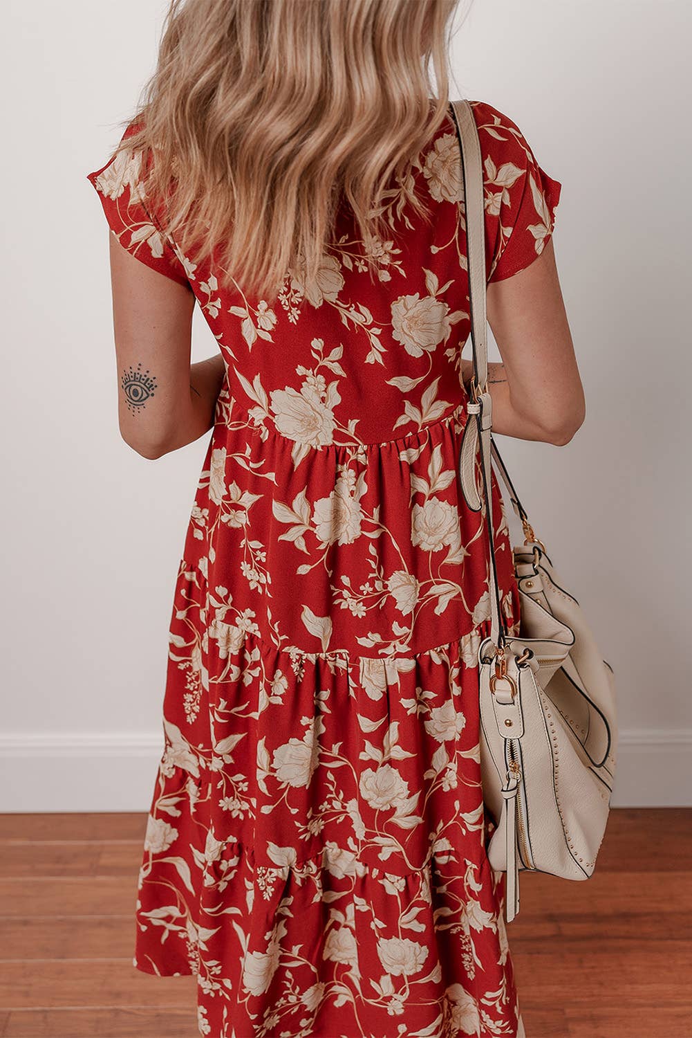 Red Floral Print Buttoned Front V Neck Tiered Dress