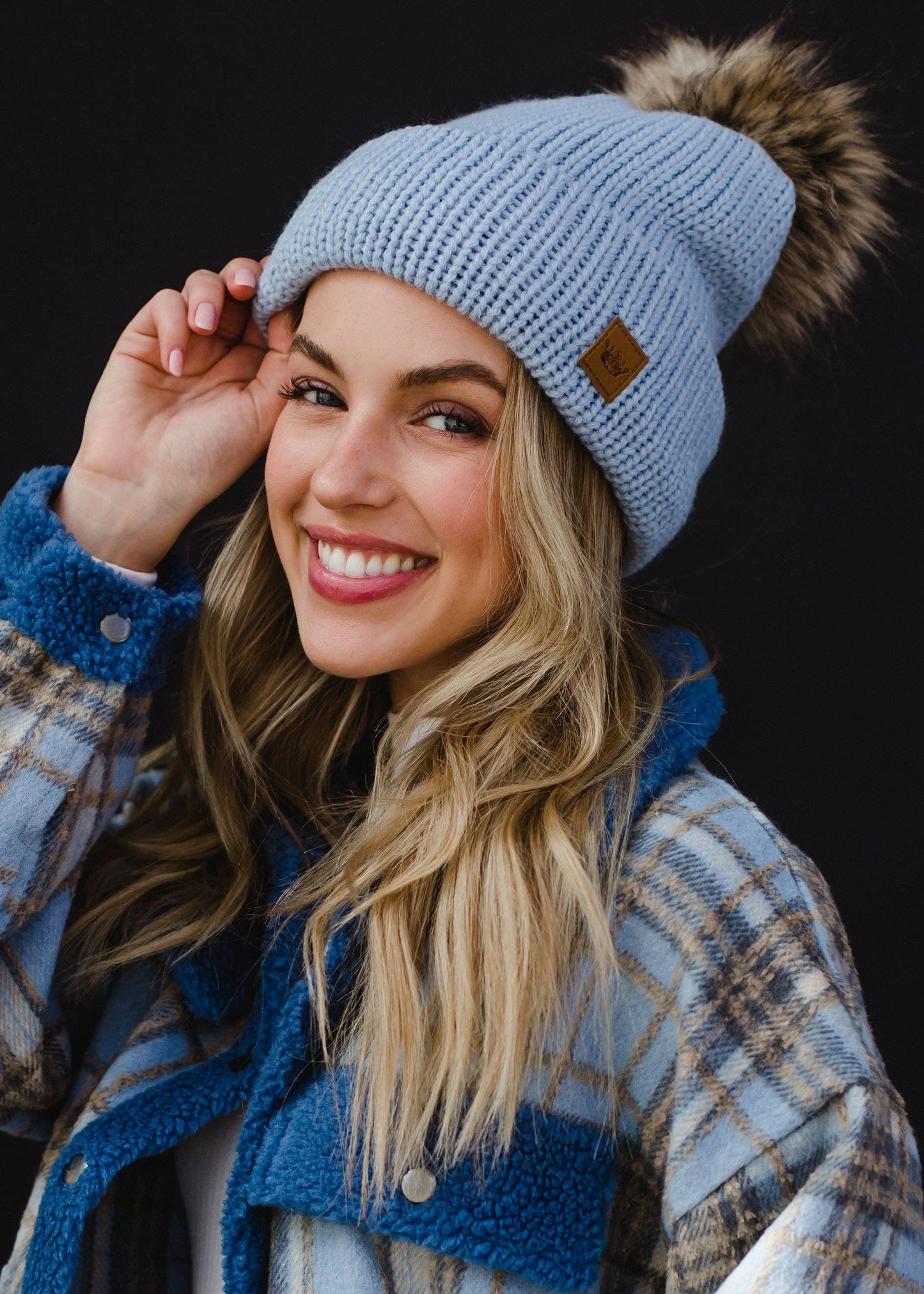 Light Blue Cable Knit Pom Hat