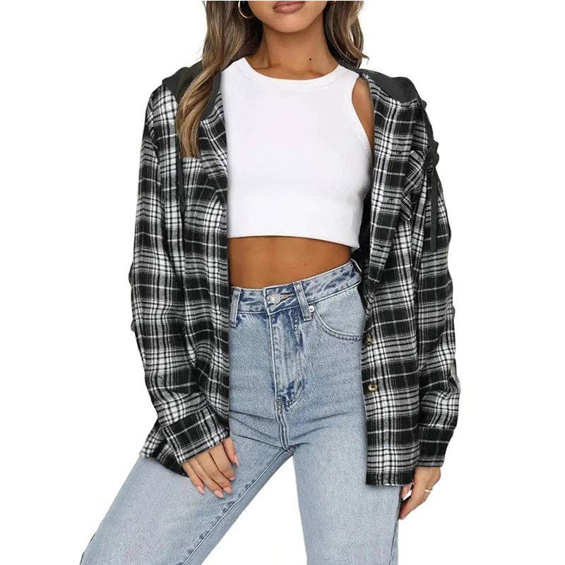 Black and Ivory Hooded Plaid Button-Up Jacket - Light Weight Oversized Shacket