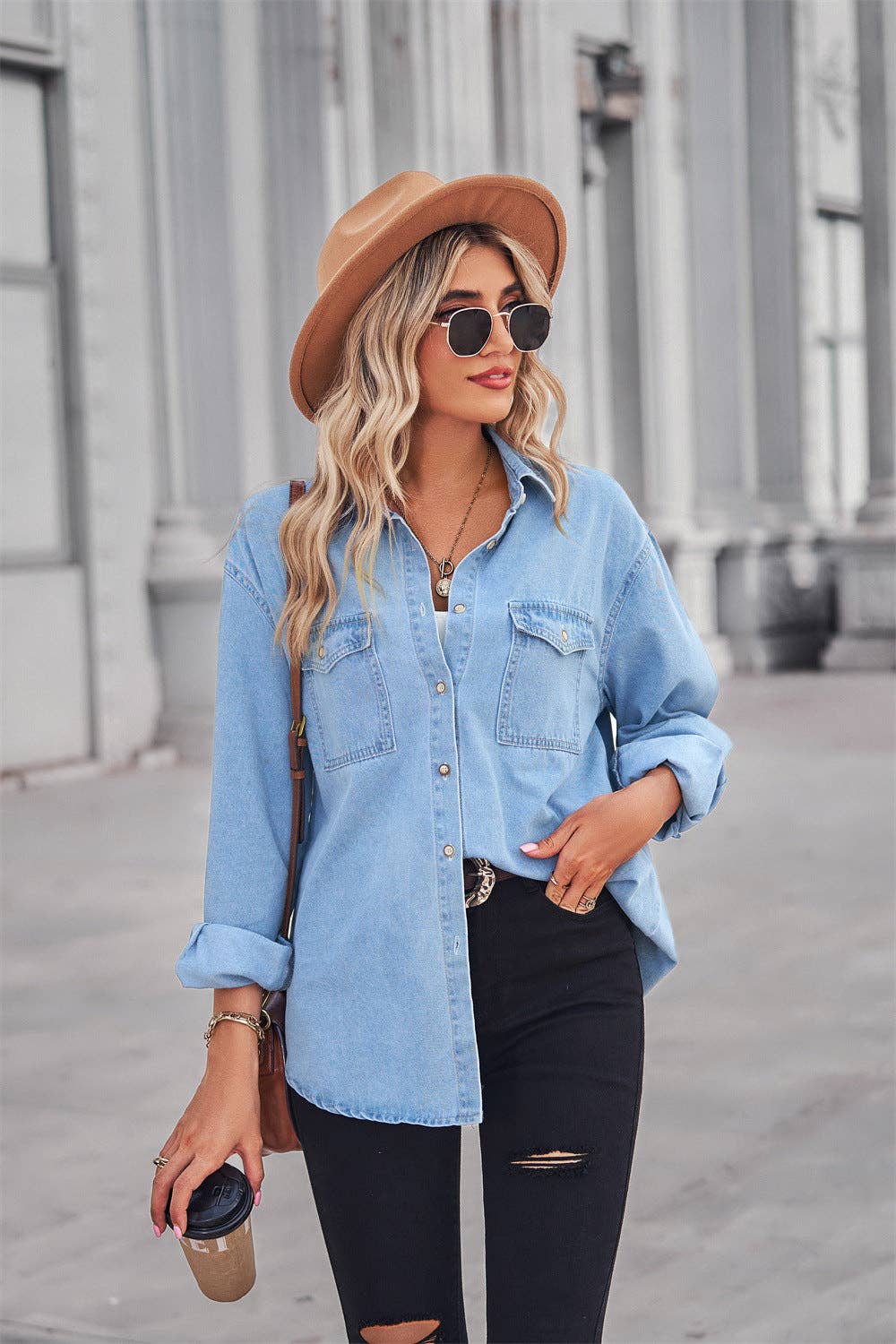 Ladies Lapel Denim Button Down Casual Daily Shirt