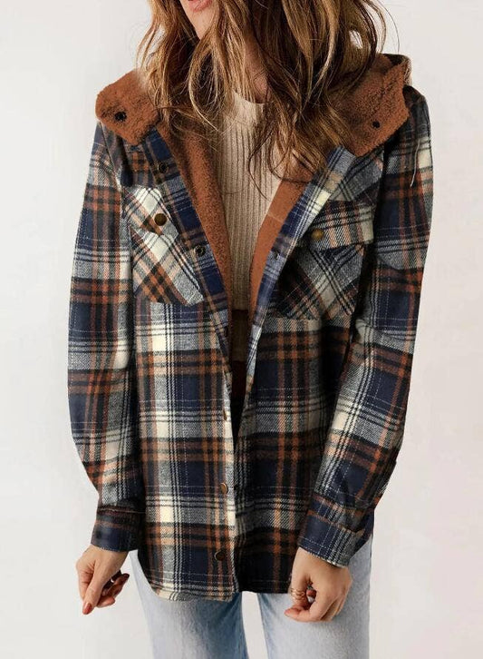 Plaid Long Sleeve Fur Hooded Jacket - Brown