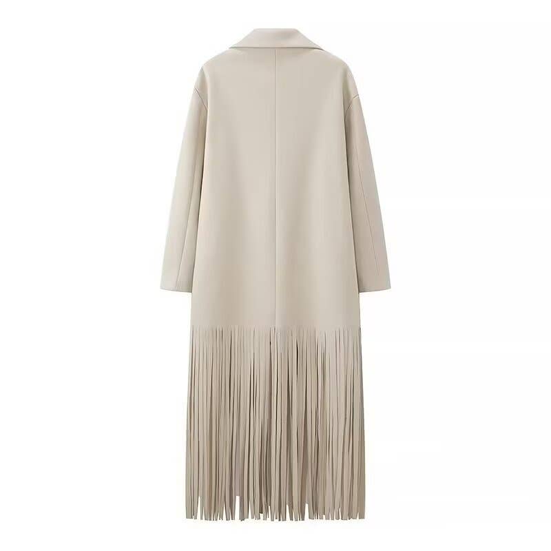Beige Fashion Elegant Streetwear Long Tassels Coat