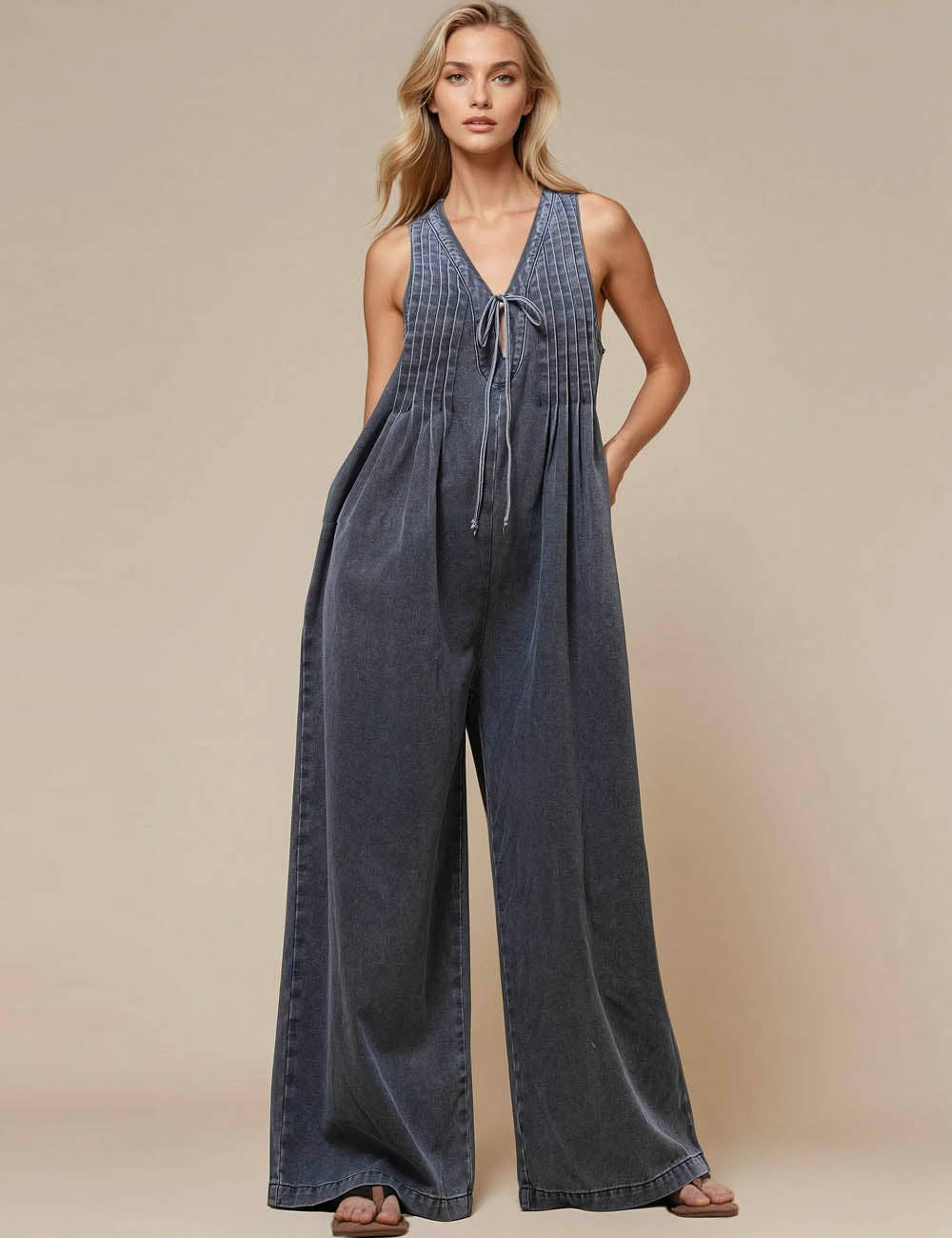 Ladies V-Neck Sleeveless String Tie Jumpsuit