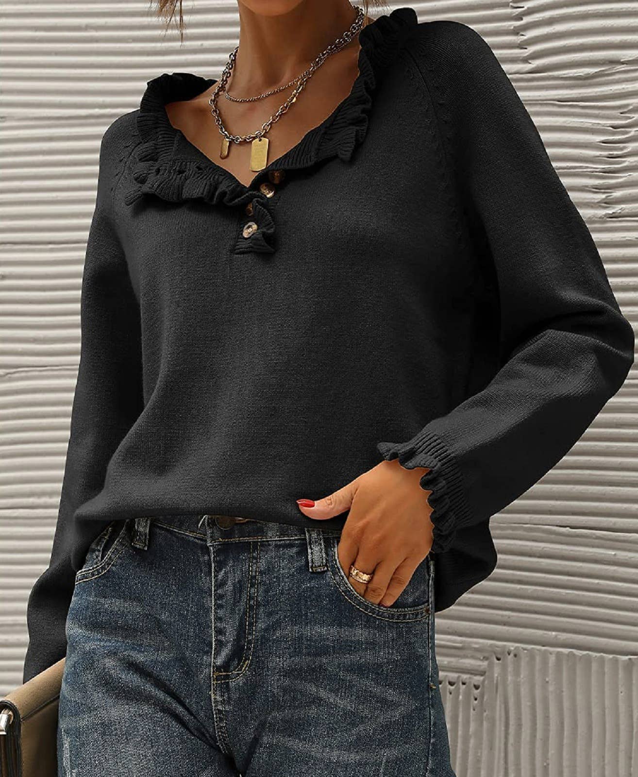 Black Button Ruffled Jumper Henley Sweater