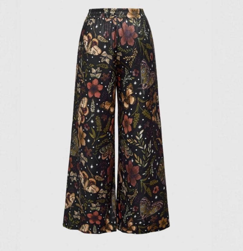 Vacation Vintage Moth Plant Floral Print Wide Leg Pants