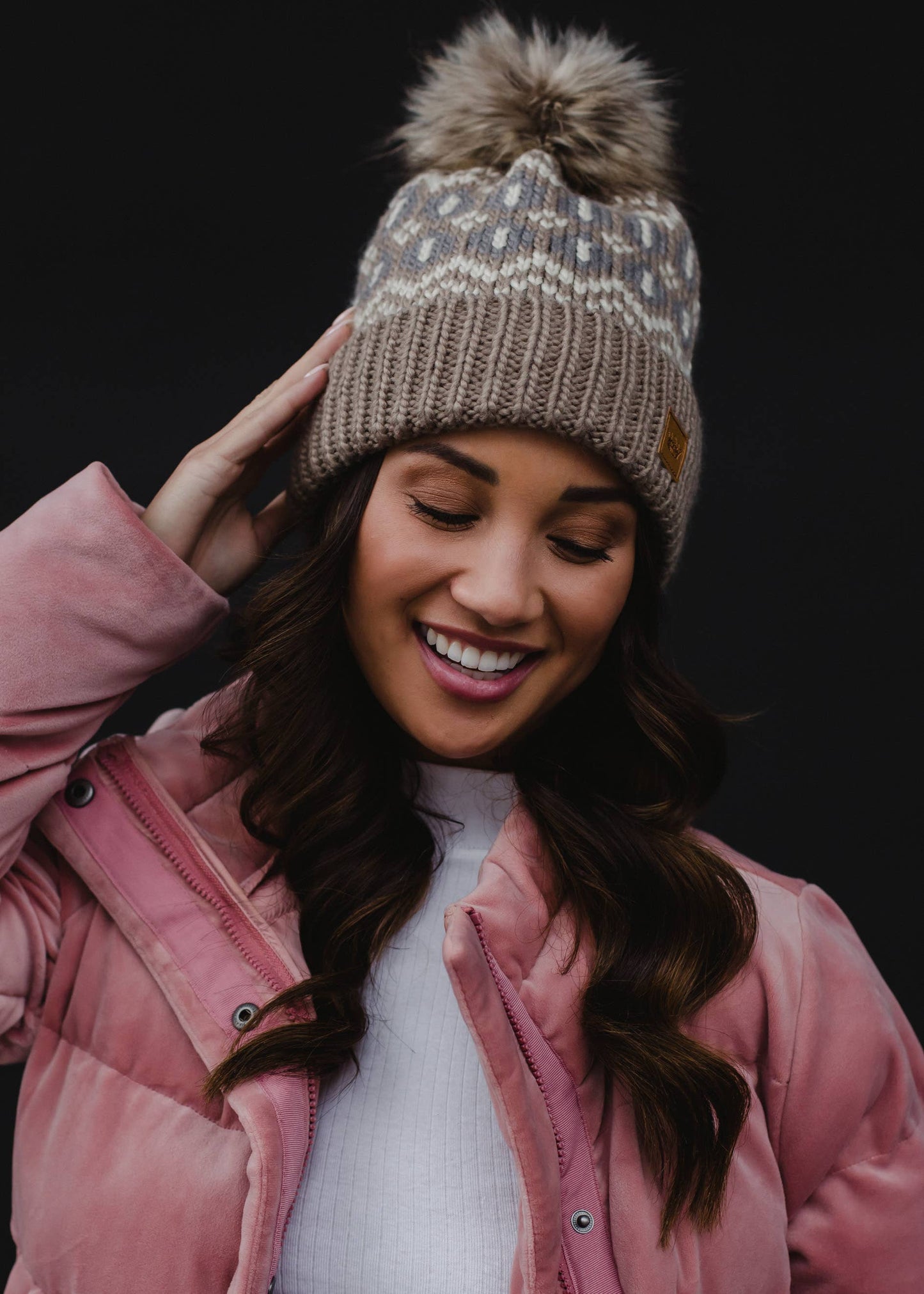 Taupe, Beige & Gray Patterned Pom Hat