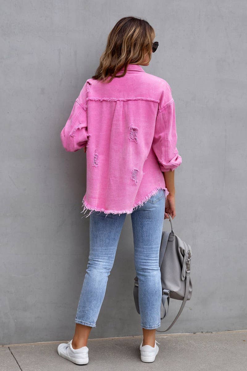 Pink Raw Edge Solid Color Lapel Denim Jacket