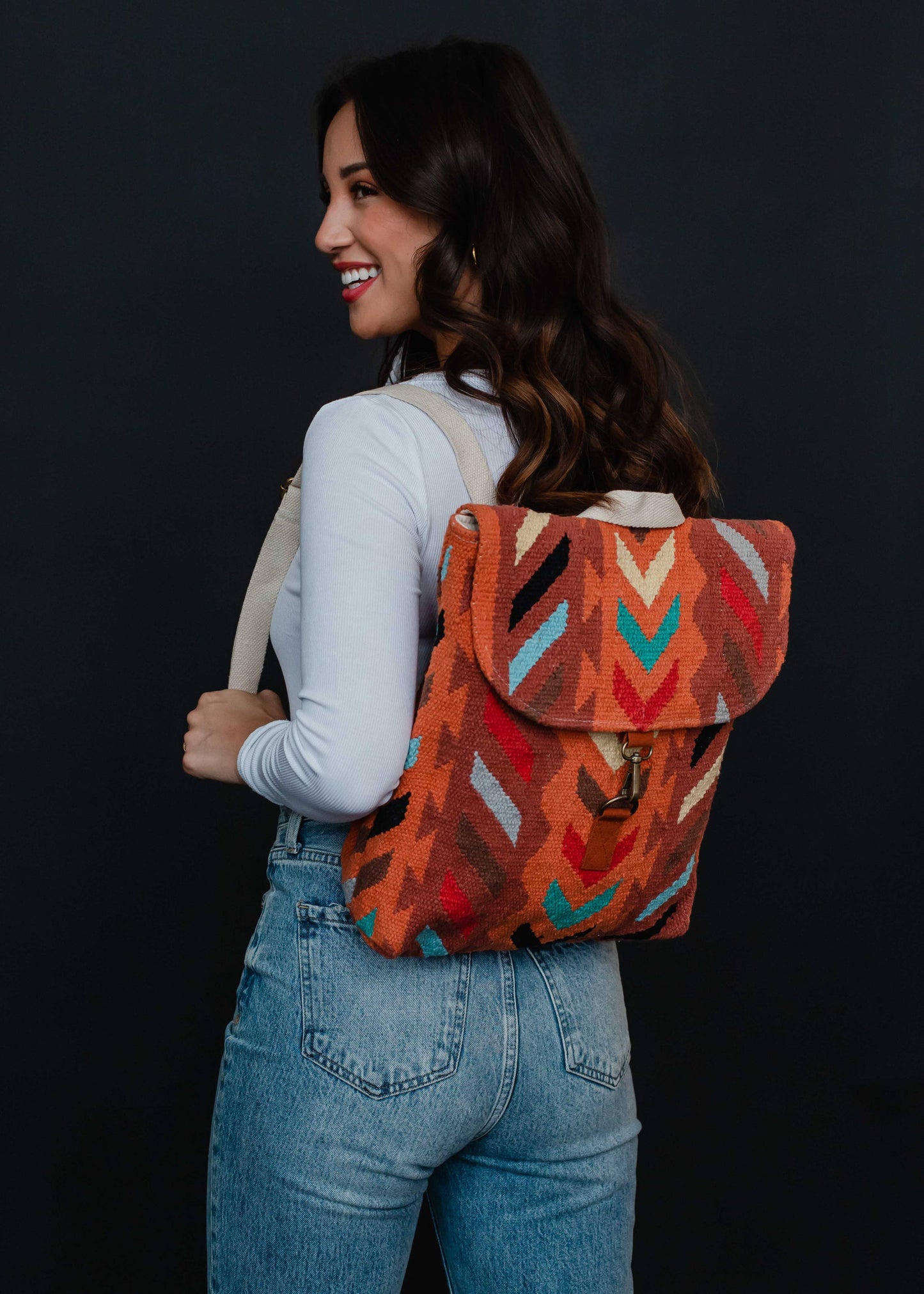 Orange & Multicolored Aztec Backpack