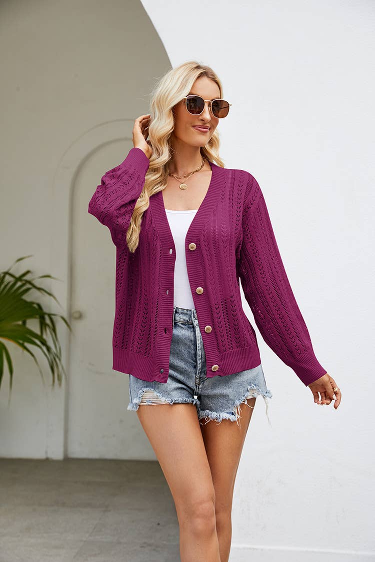 Purple Buckle Knit Cardigan Sweater
