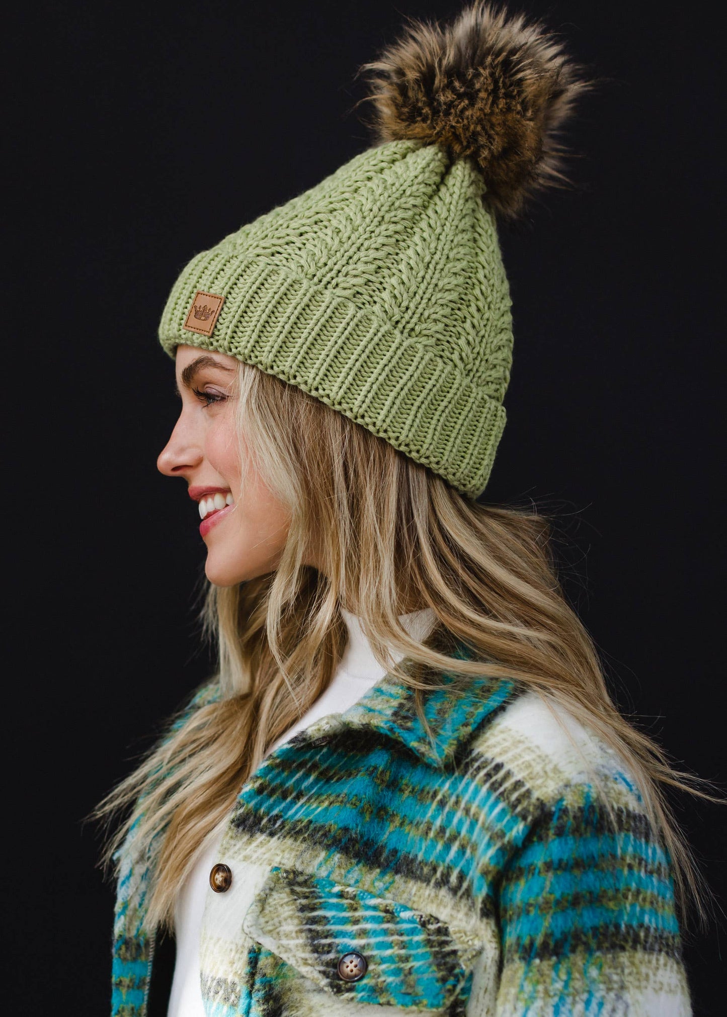 Light Green Cable Knit Pom Hat