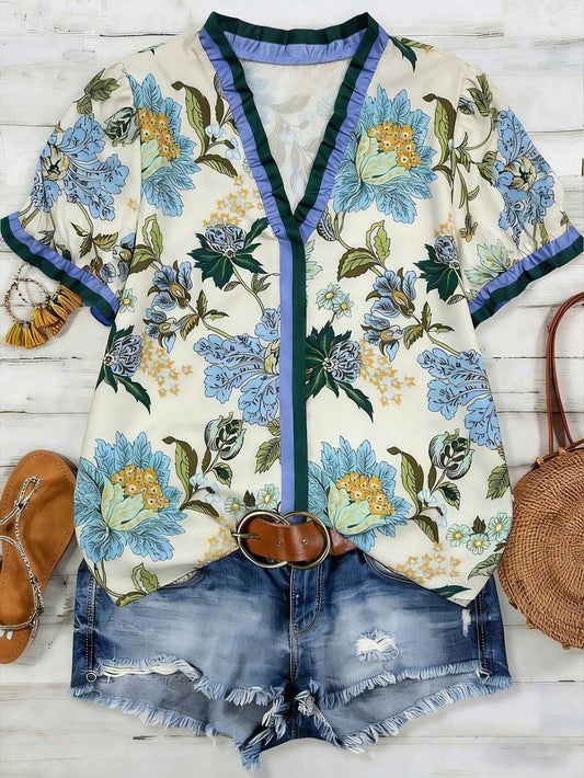 Vintage Blue Floral Print V-Neck Ruffled Top