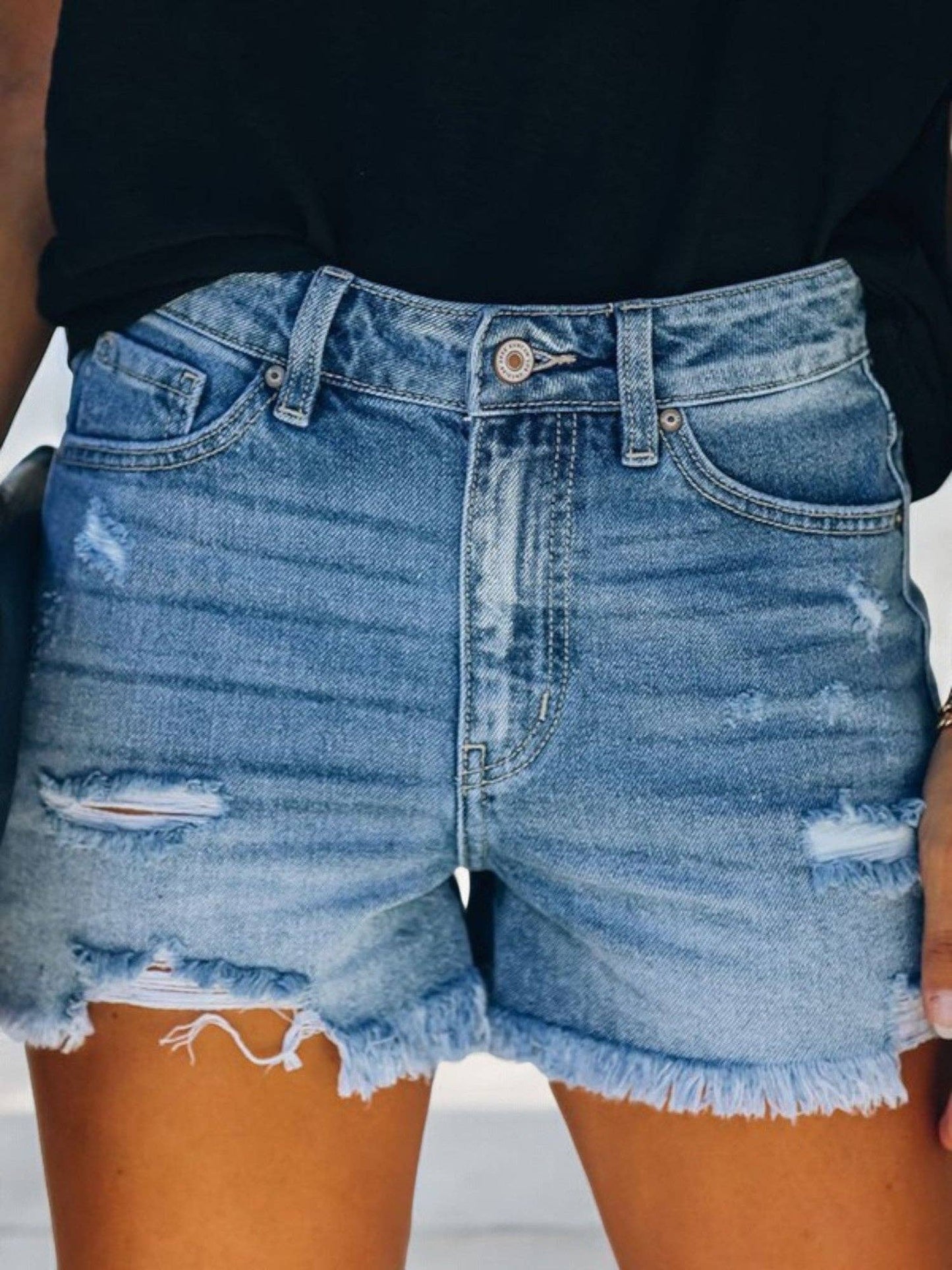 Sale - Distressed Denim Shorts with Frayed Hem
