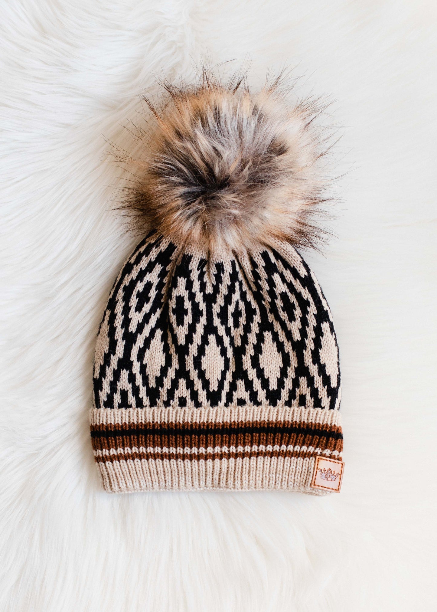 Brown, Black & Tan Patterned Pom Hat