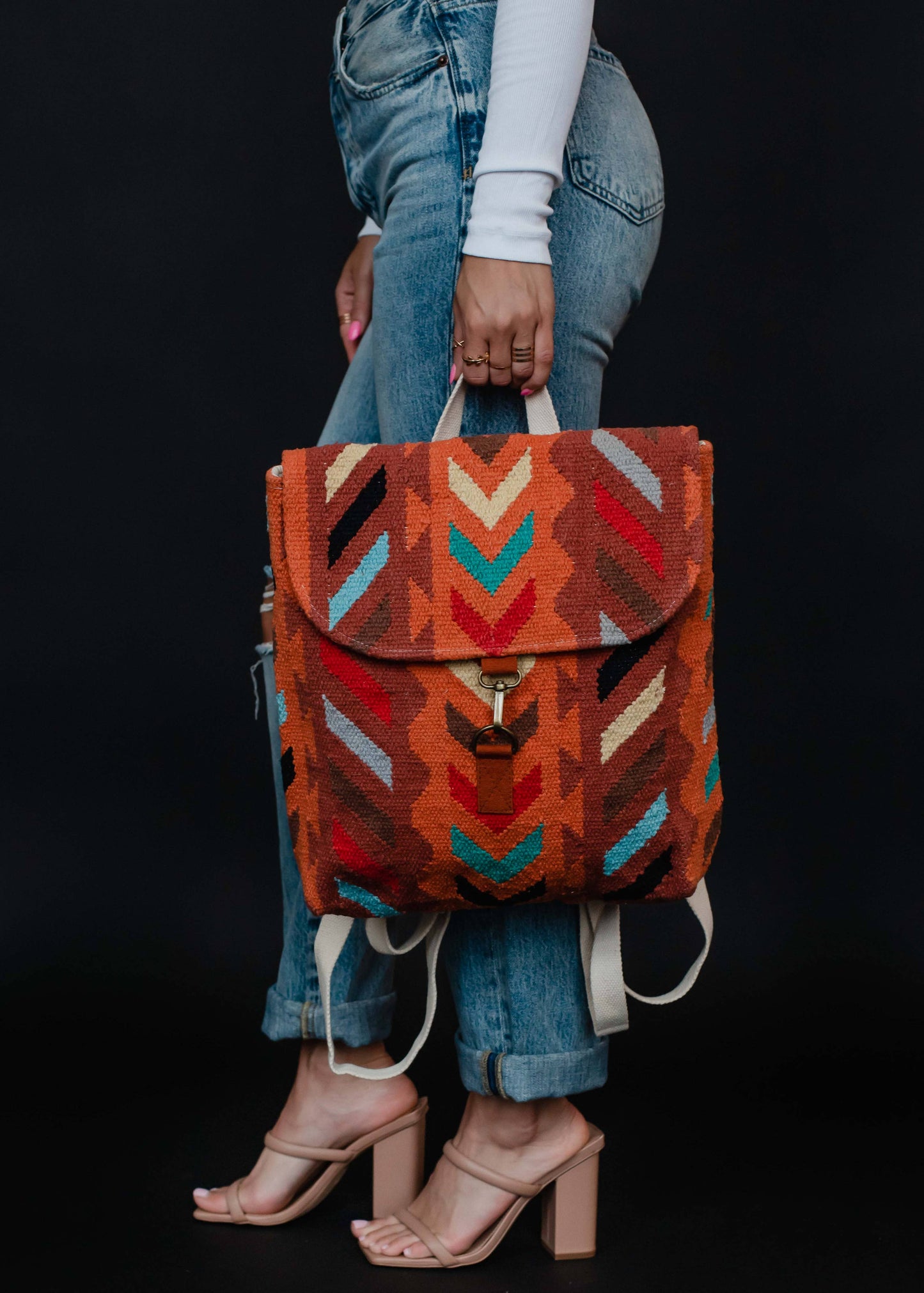 Orange & Multicolored Aztec Backpack