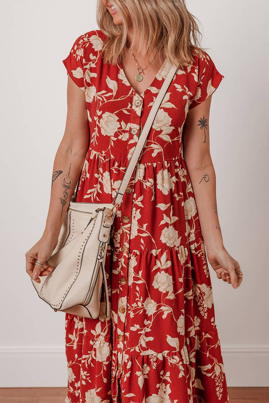 Red Floral Print Buttoned Front V Neck Tiered Dress