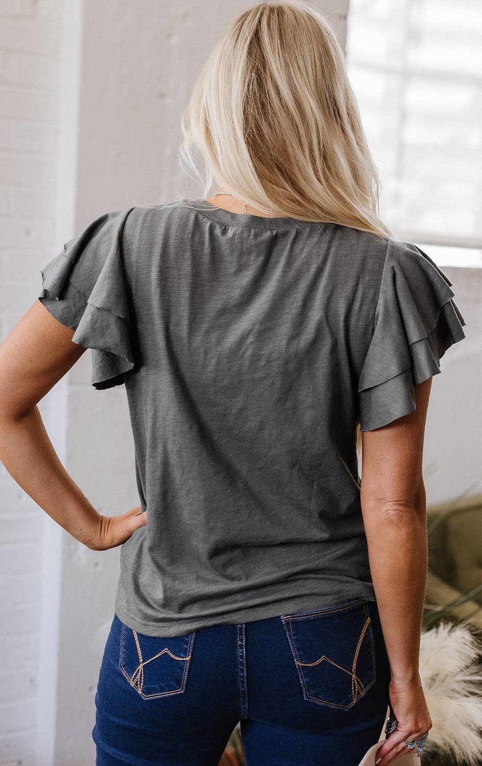 Dark Grey Ruffle Sleeve Casual Summer Top