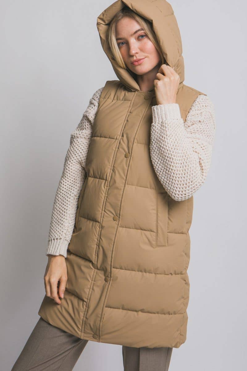 Sage Green Hooded Long Quilted Puffer Vest