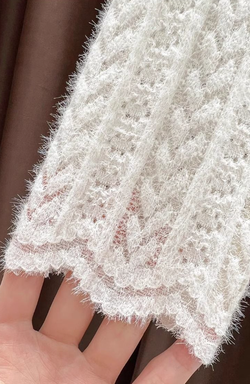 Beige Soft Knit Fluffy Texture Lace High Neck Layering Top