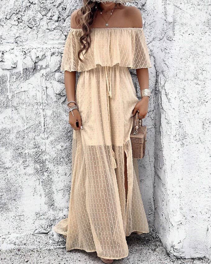 Apricot Bohemian Sexy Off-Shoulder Solid Color Polka Dot Dress