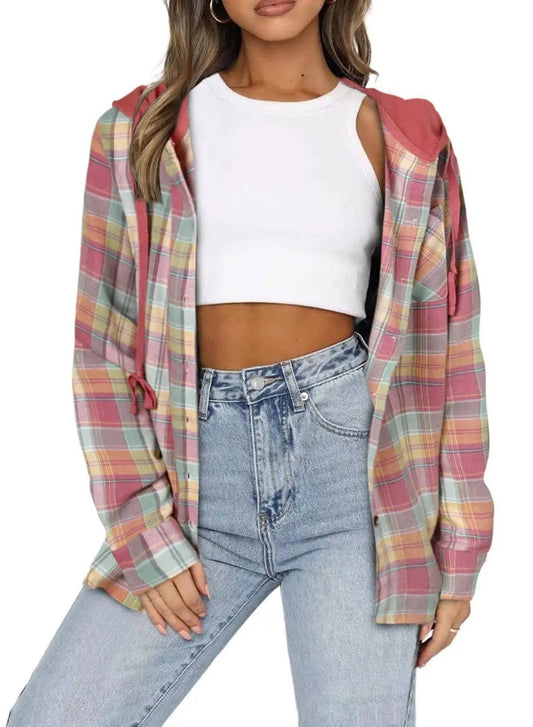 Coral Red Hooded Plaid Button-Up Jacket - Light Weight Oversized Shacket