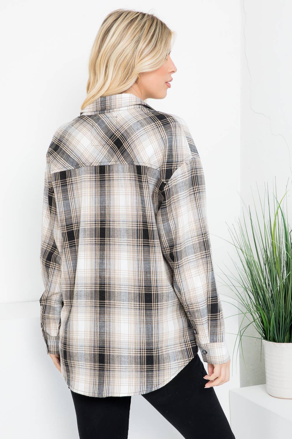 Oversized Plaid Linen Blend Shirt - Taupe/Black