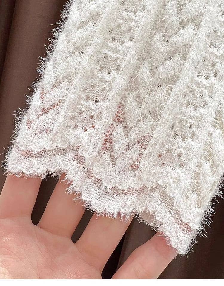 Beige Soft Knit Fluffy Texture Lace High Neck Layering Top