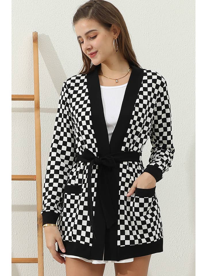 Sale - Black and White Check Race Day Long Sleeve Cardigan with Pockets