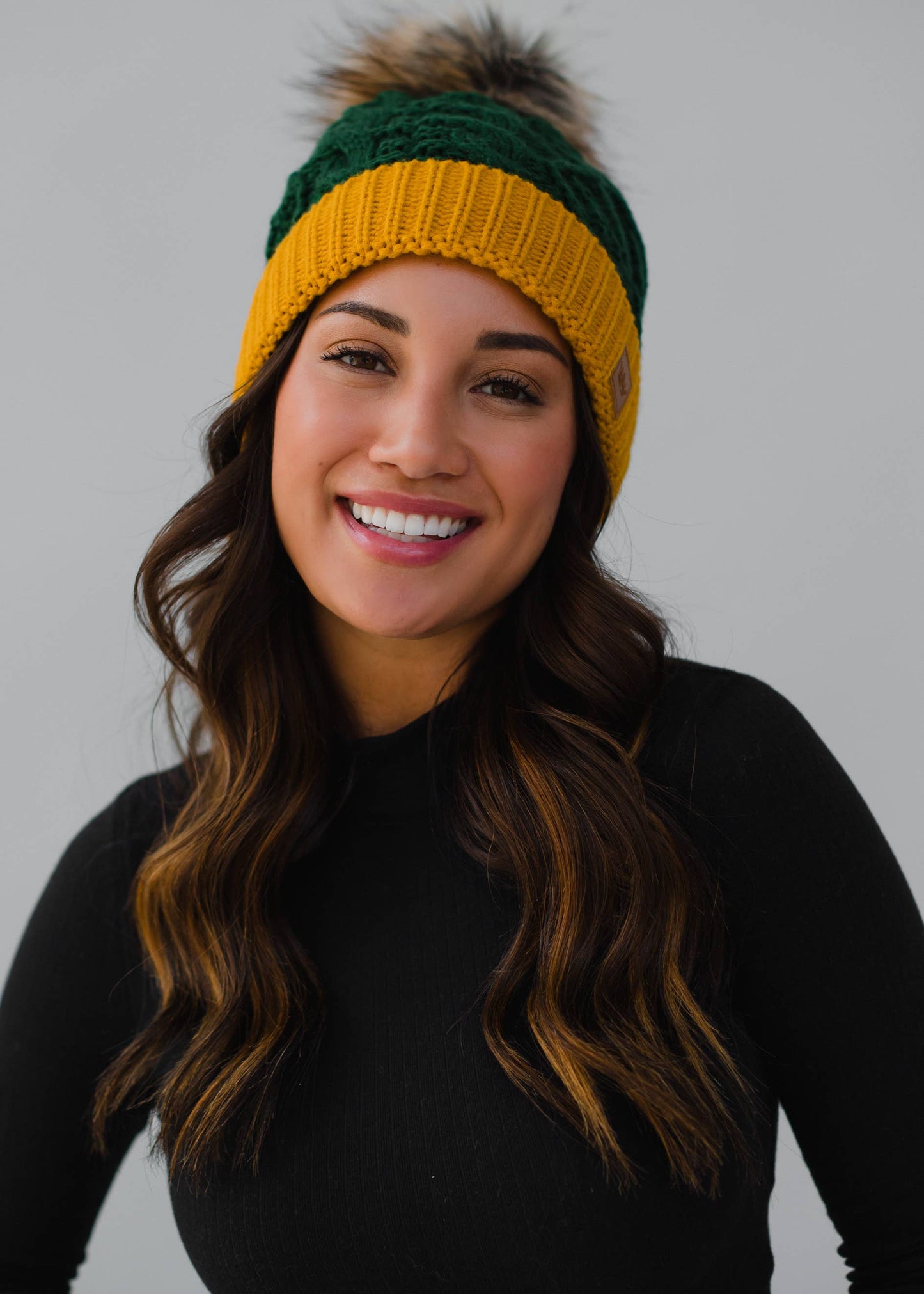 Green & Gold Trim Cable Knit Pom Hat