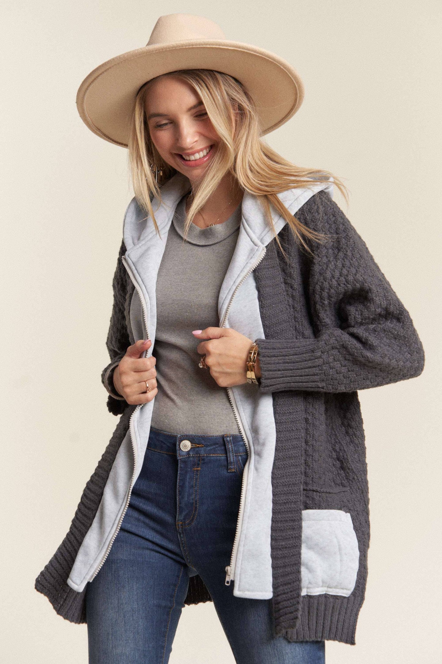 Charcoal Knit Zip Up Hoodie Jacket