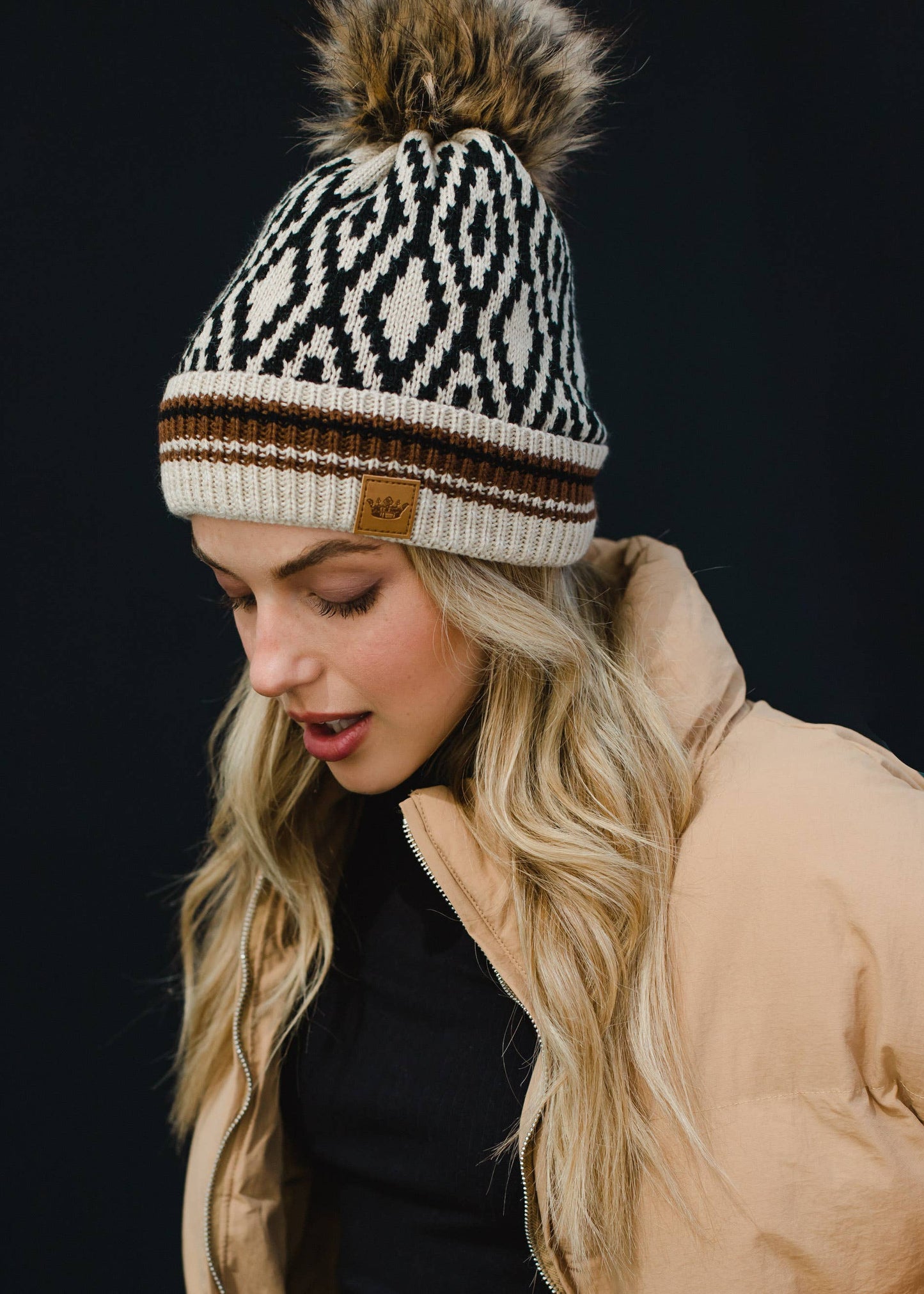 Brown, Black & Tan Patterned Pom Hat