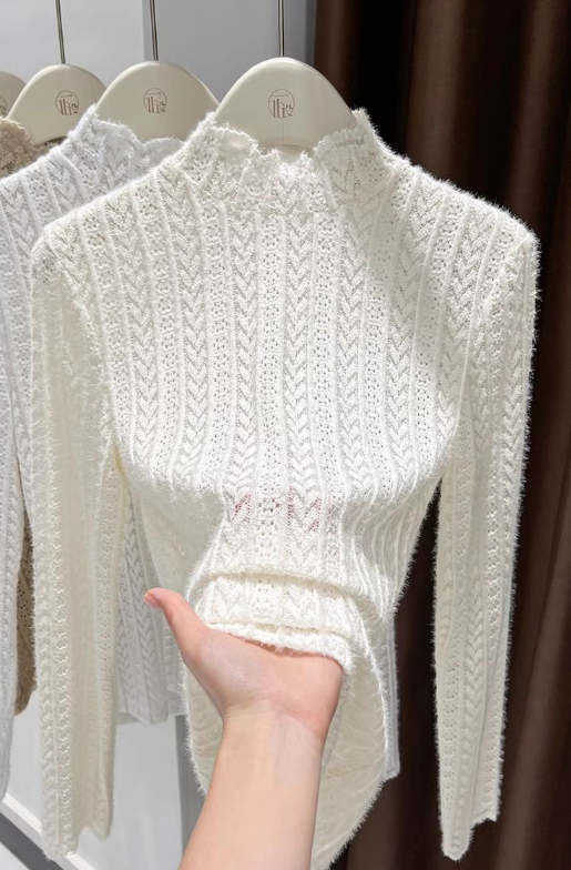 Beige Soft Knit Fluffy Texture Lace High Neck Layering Top