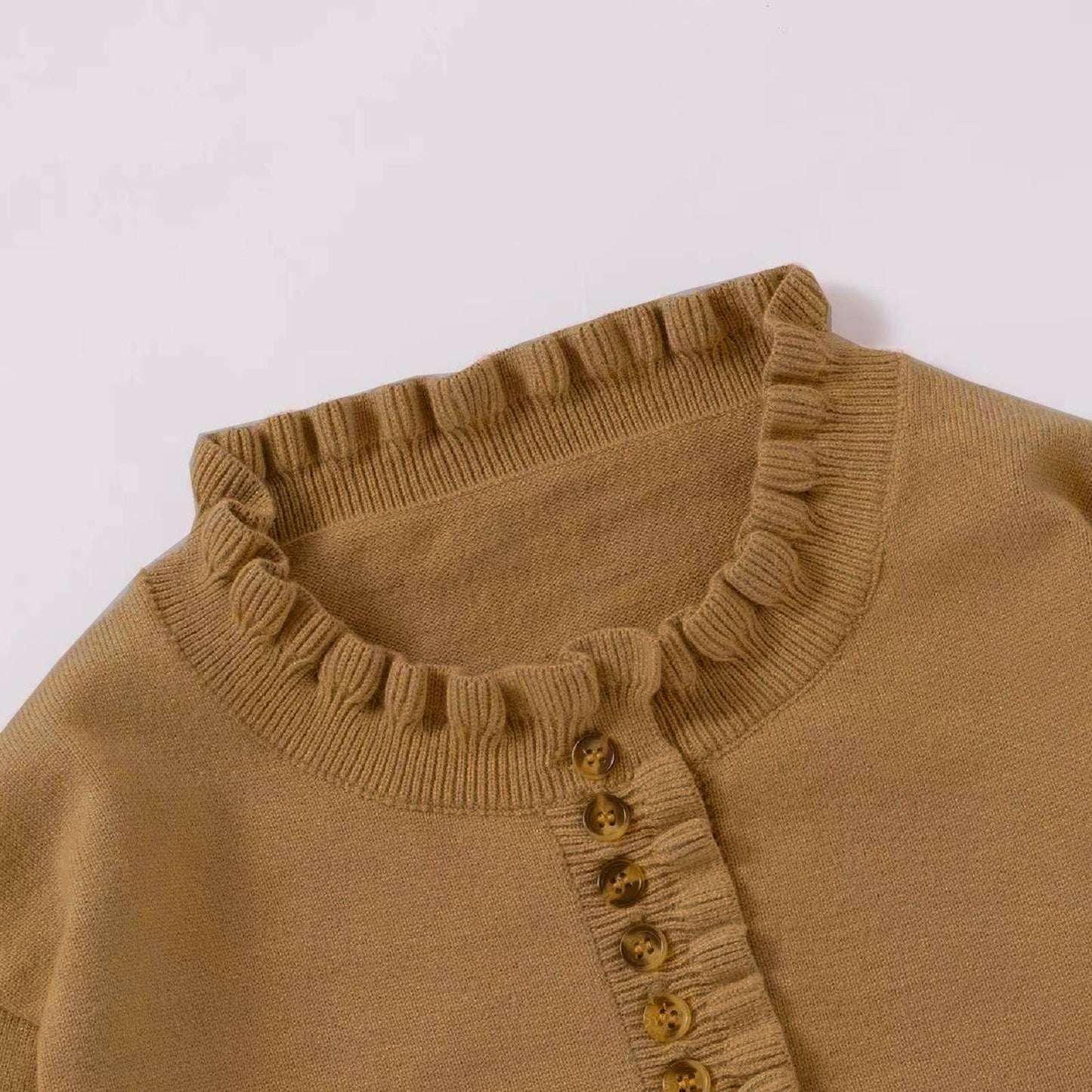 White Button Ruffled Jumper Henley Sweater