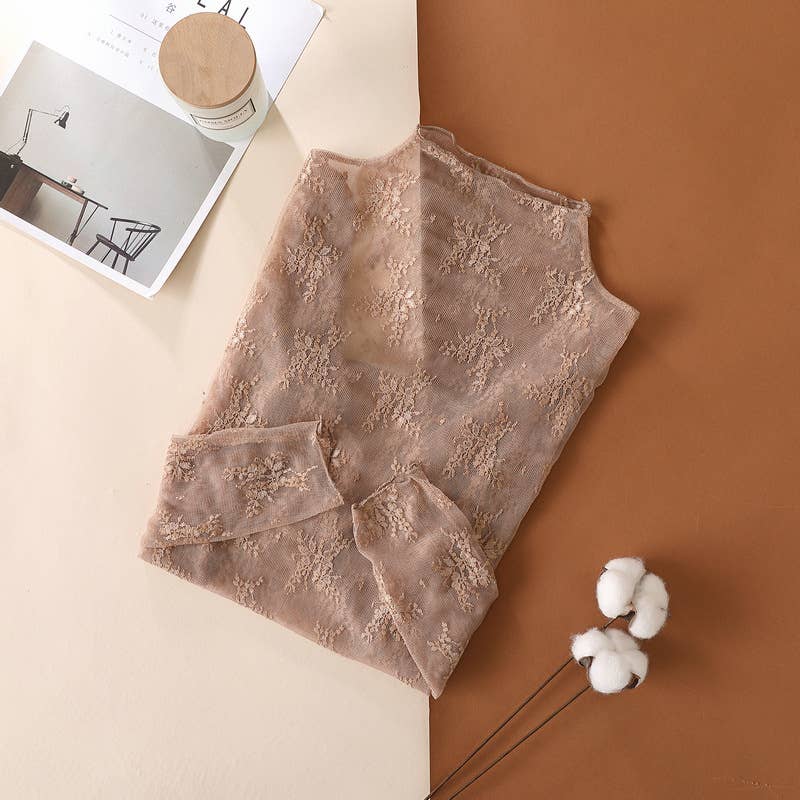 Taupe Semi Sheer Mesh Floral Lace Layering Top