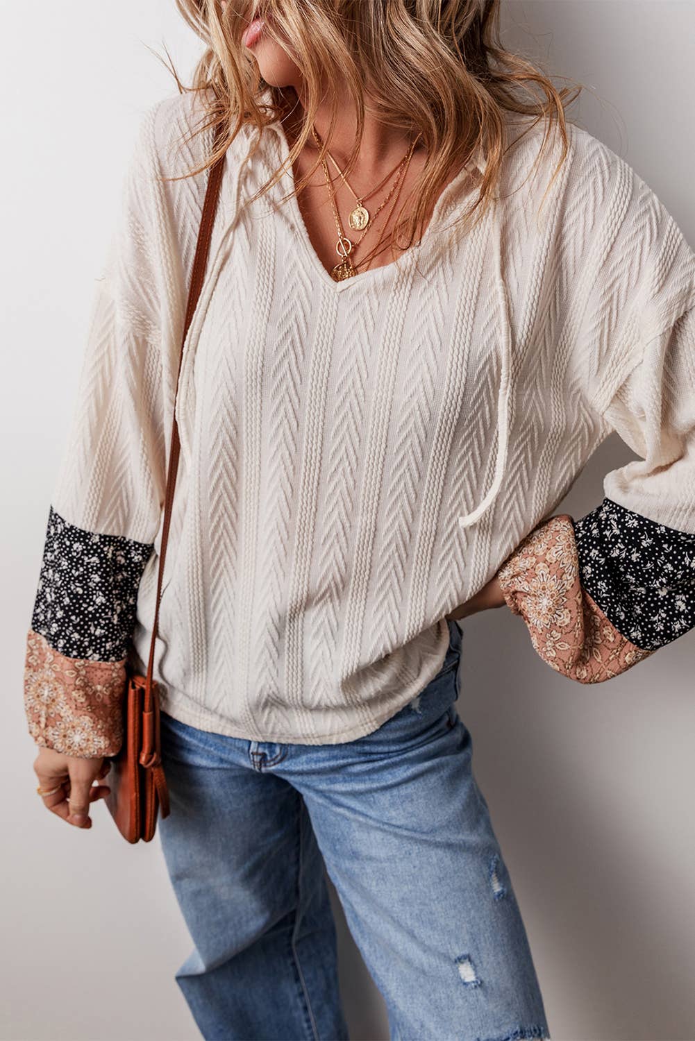 Floral Patchwork Textured Knit Drawstring V Neck Blouse