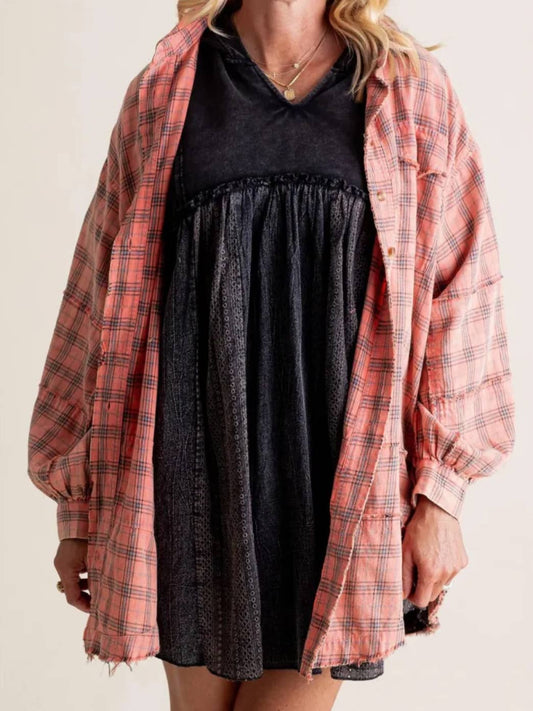 Pink Plaid Oversized Long Sleeve Button Up Shirt
