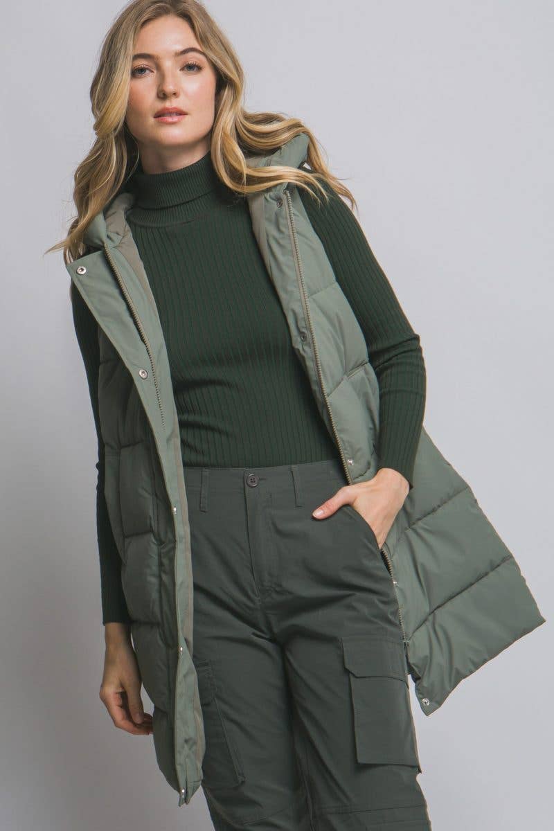 Sage Green Hooded Long Quilted Puffer Vest
