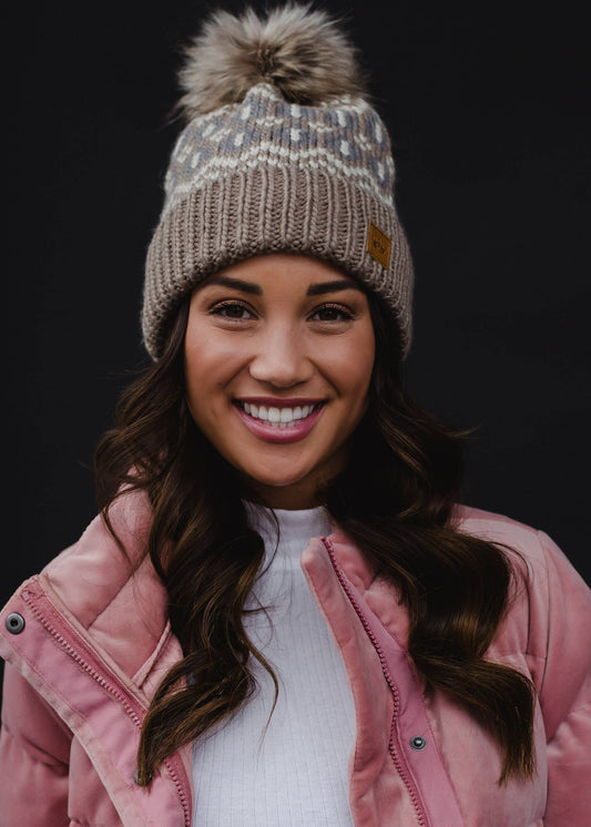 Taupe, Beige & Gray Patterned Pom Hat