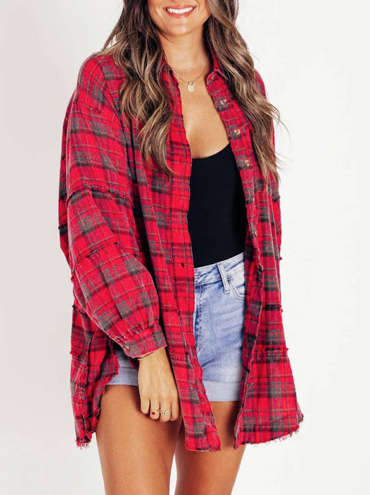 Red Plaid Oversized Long Sleeve Button Up Shirt