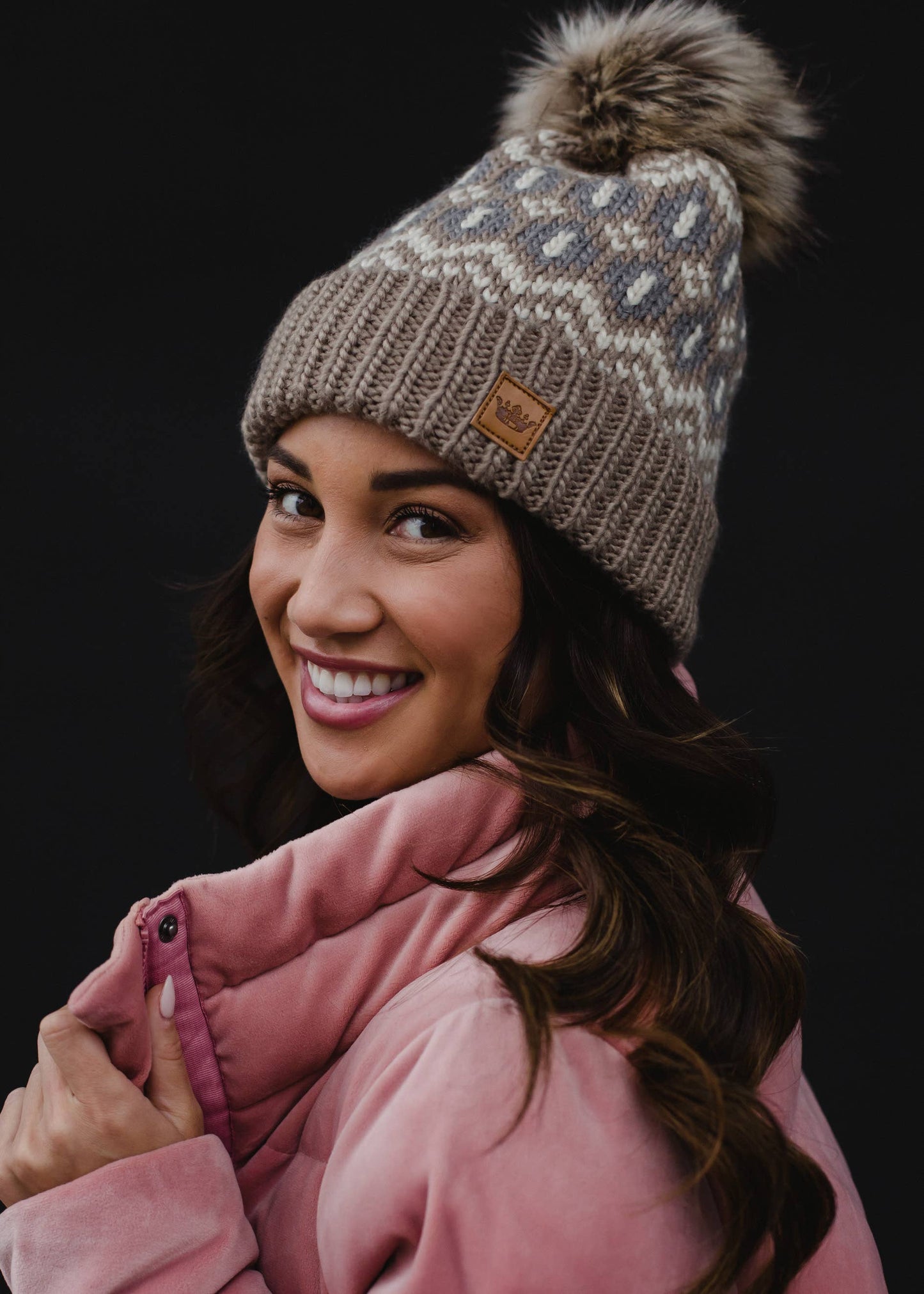 Taupe, Beige & Gray Patterned Pom Hat