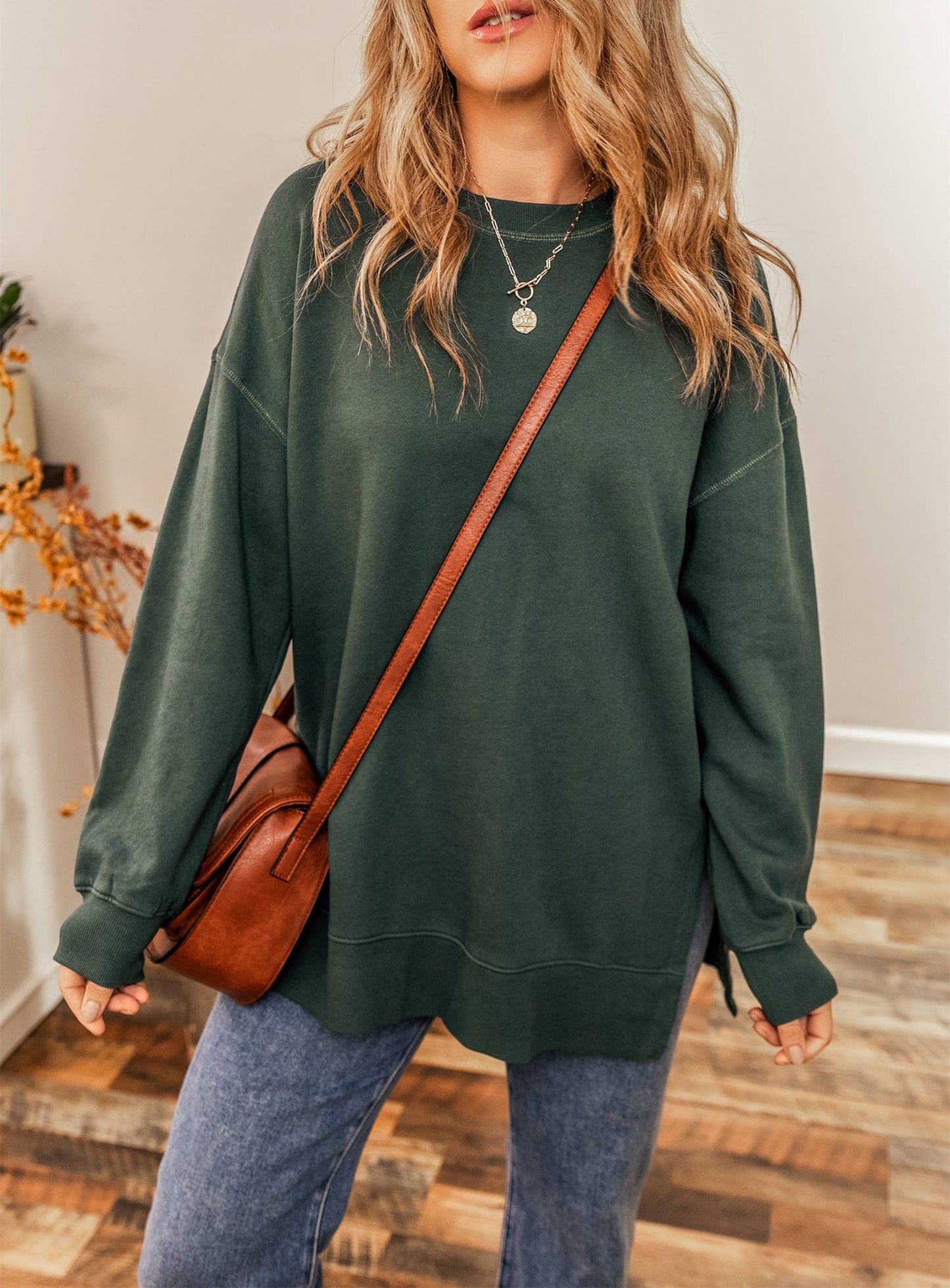 Drop Shoulder Split Hem Hunter Green Sweatshirt