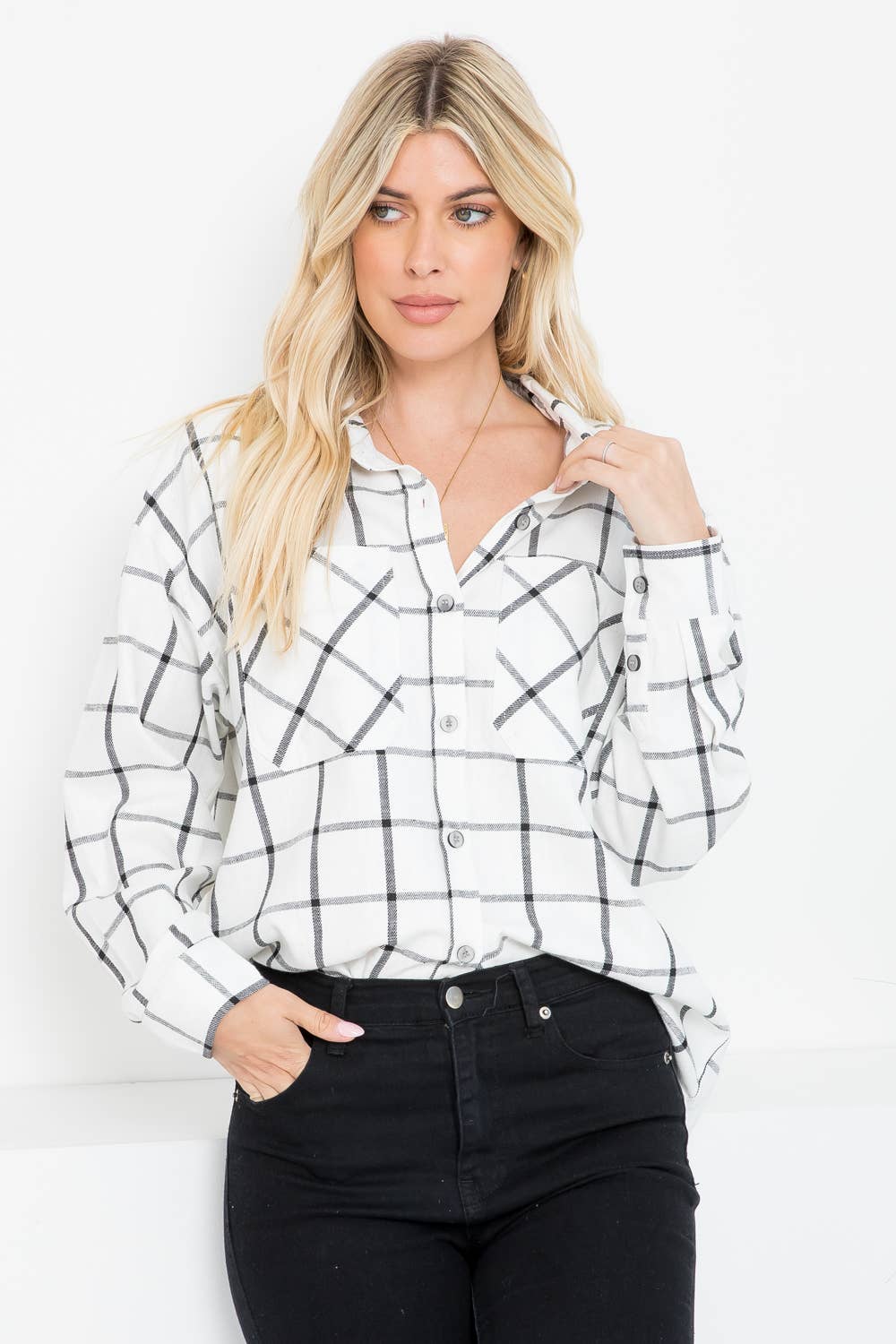 Oversized Plaid Linen Blend Shirt - White/Black