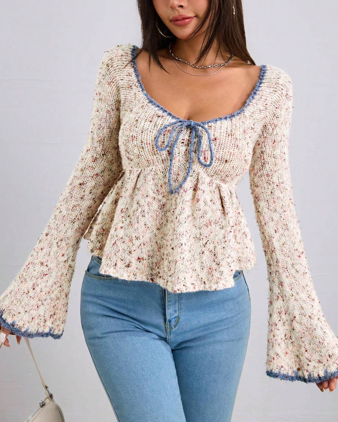 Elegant And Sweet Lace-Up Trumpet Sleeve Knitted Top