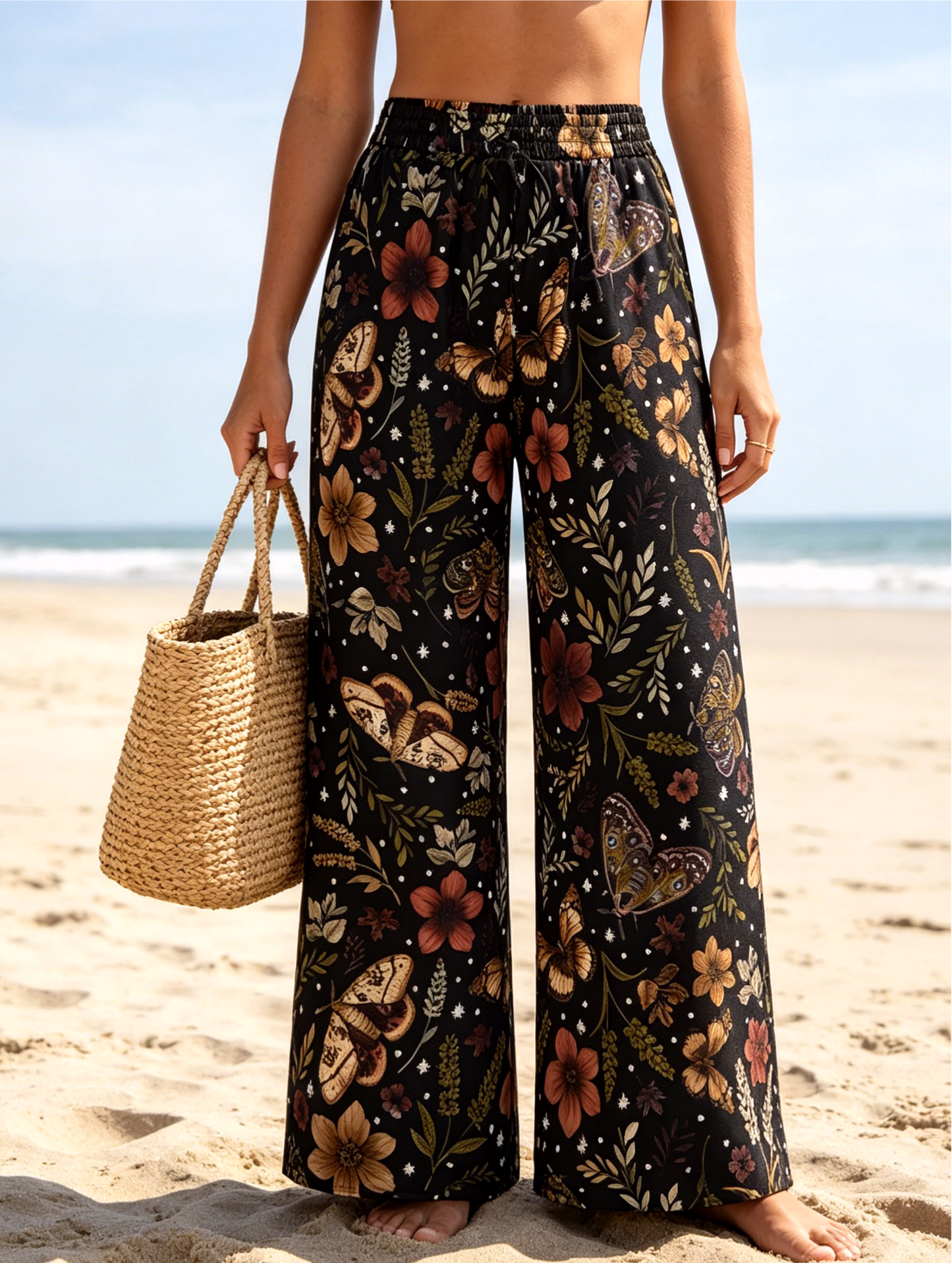 Vacation Vintage Moth Plant Floral Print Wide Leg Pants