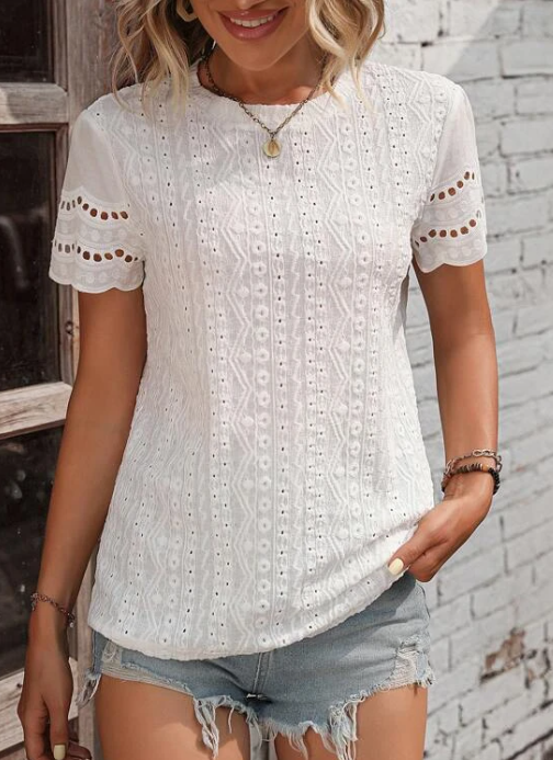 Ladies Eyelet Short Sleeves Round Neck Blouse