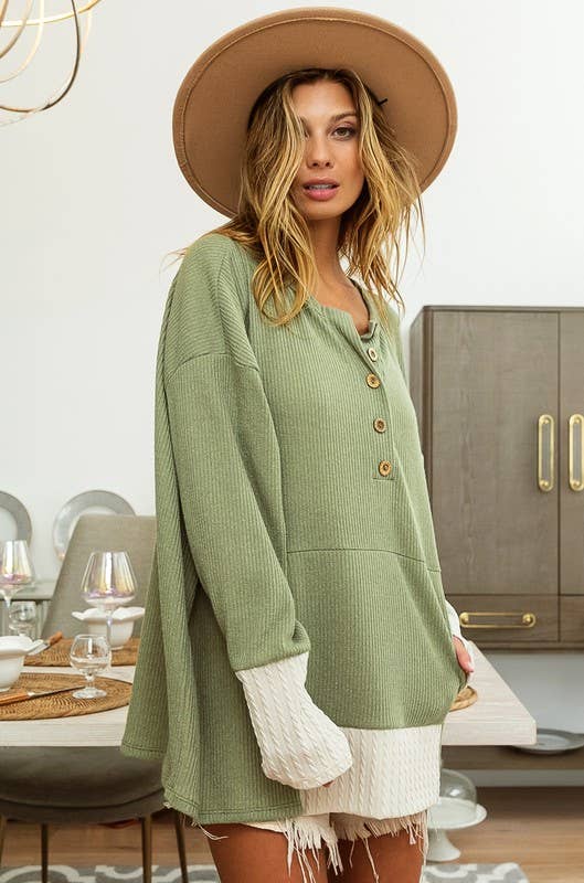 Sale - Olive Cable Knit Rib Top