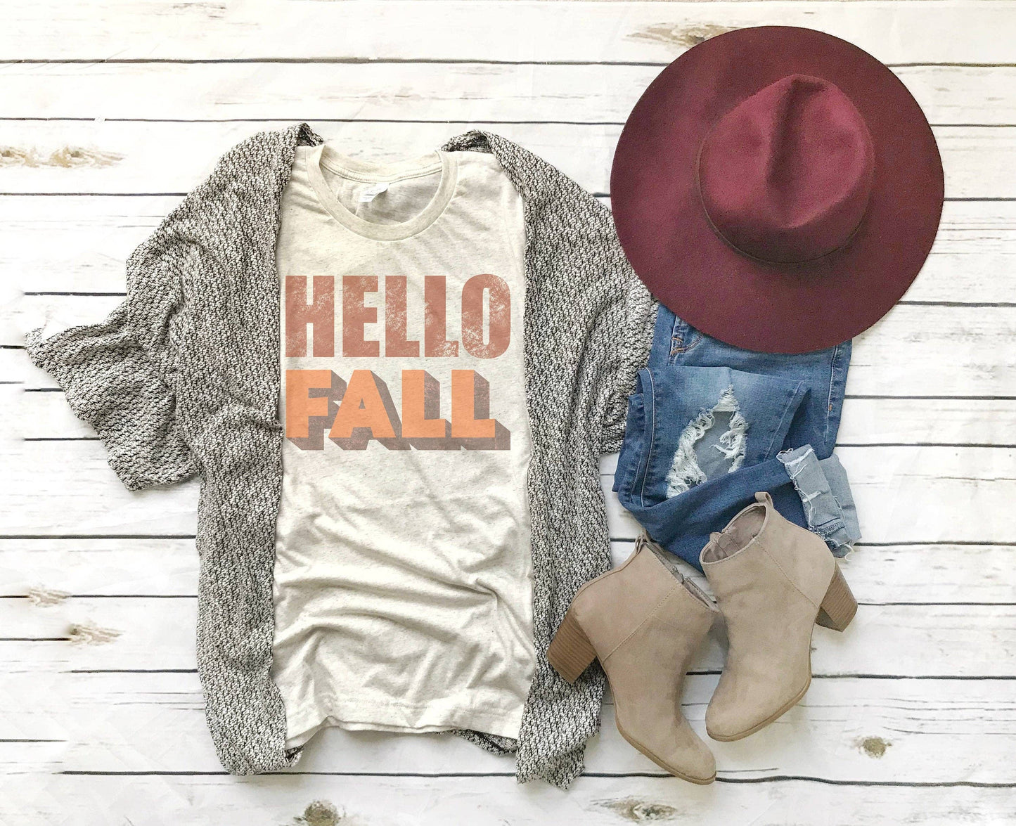 Sale - Hello Fall Drop Shadow Graphic Print T-Shirt